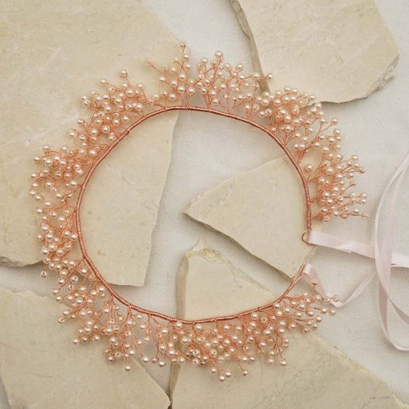 ROSE GOLD COLOR Crystal white pearl bunches Handmade Women's Headbands HM300094 - Picture 3 of 3